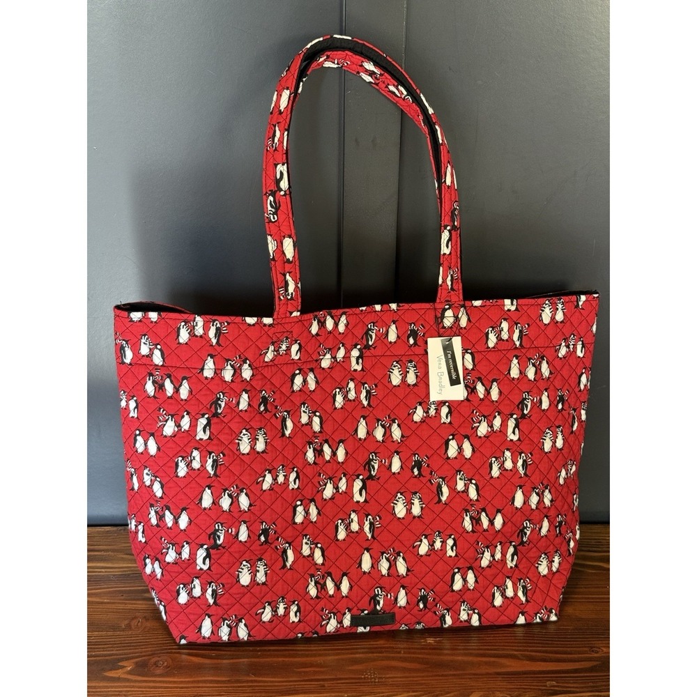 NWT Vera Bradley XL Iconic GRAND Tote Red Penguins Reversible Geometric Black